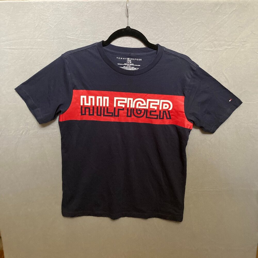 Tommy Hilfiger Tee Size Youth Large 16/18 Navy Blue Graphic Print Tagless